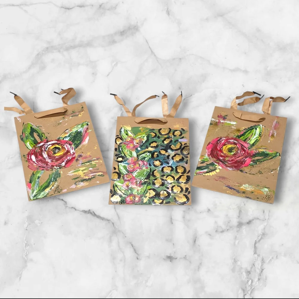 Set Of Three Gift Bags Hand Crafted Hand Painted Boho Paper Bags C31
